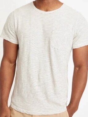 NWT Men’s Marine Layer Saddie Hem Pocket Tee, Natural/ Black Stripe, Medium